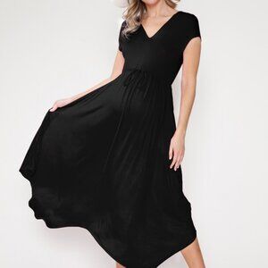 Maternity Black Shirring Waist Tie Ruffle Shark Bite Maxi Dress
